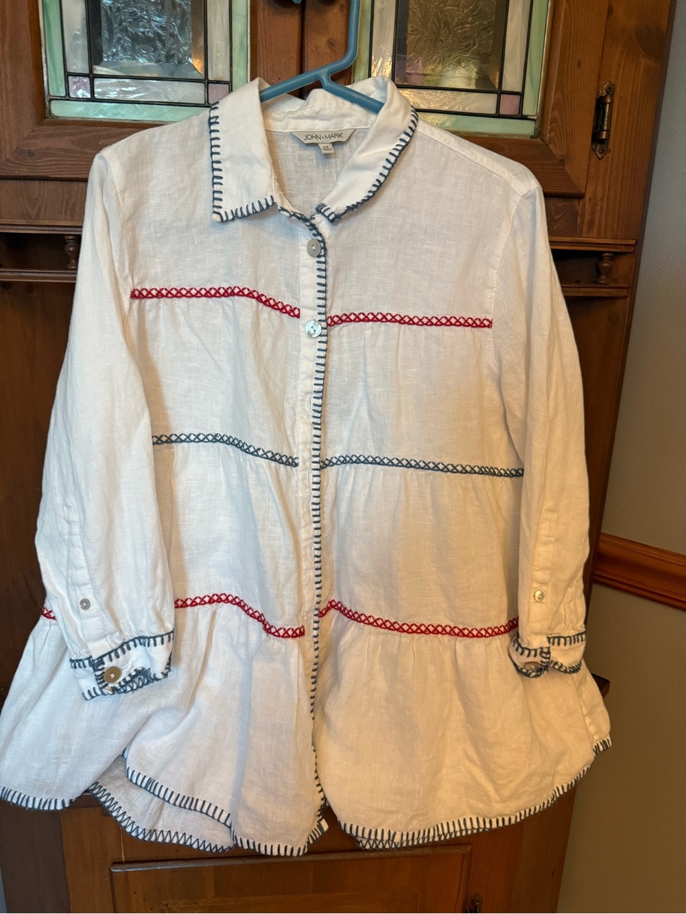 John Mark White Tiered Linen Button-Up Blouse M
